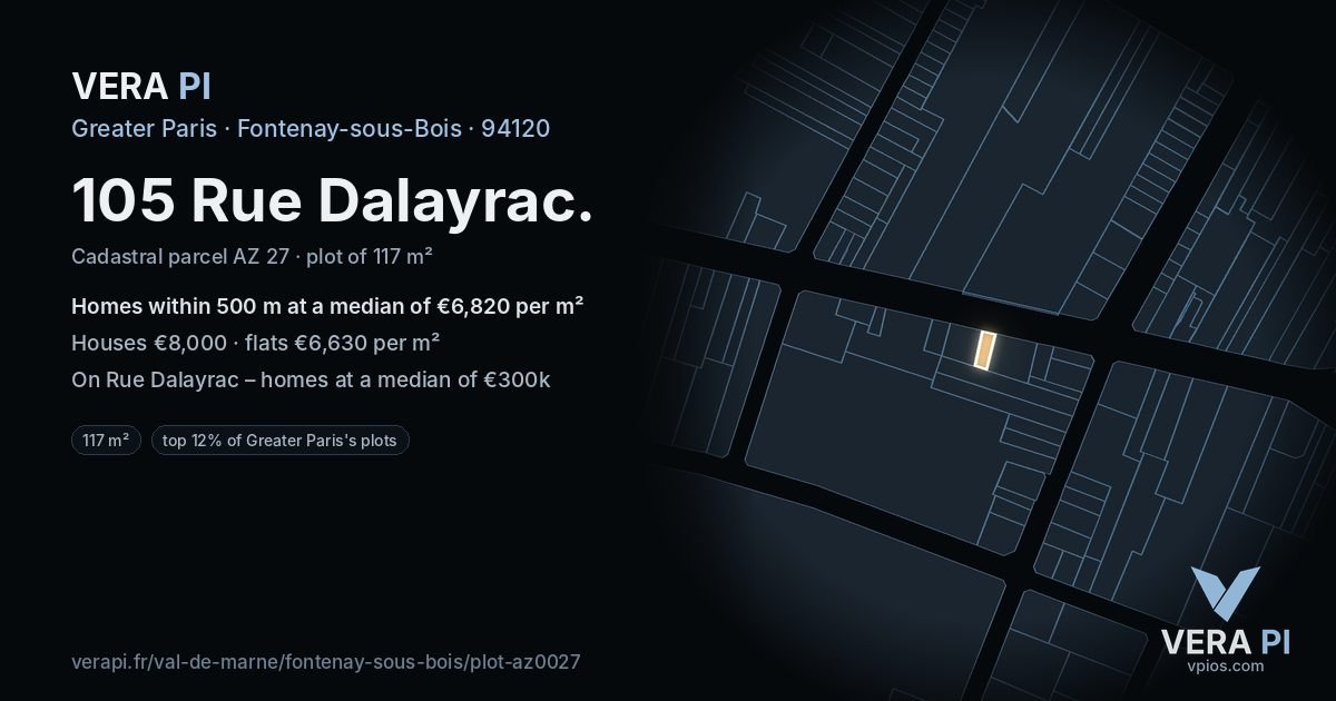 105 Rue Dalayrac, Fontenay-sous-Bois at night – the plot lit, the parcels around coloured by the prices near them