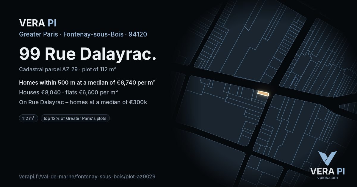 99 Rue Dalayrac, Fontenay-sous-Bois at night – the plot lit, the parcels around coloured by the prices near them