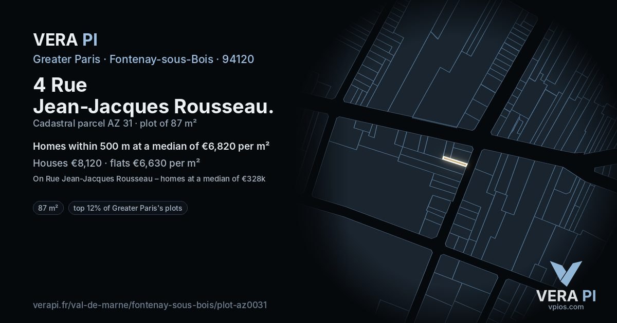 4 Rue Jean-Jacques Rousseau, Fontenay-sous-Bois at night – the plot lit, the parcels around coloured by the prices near them