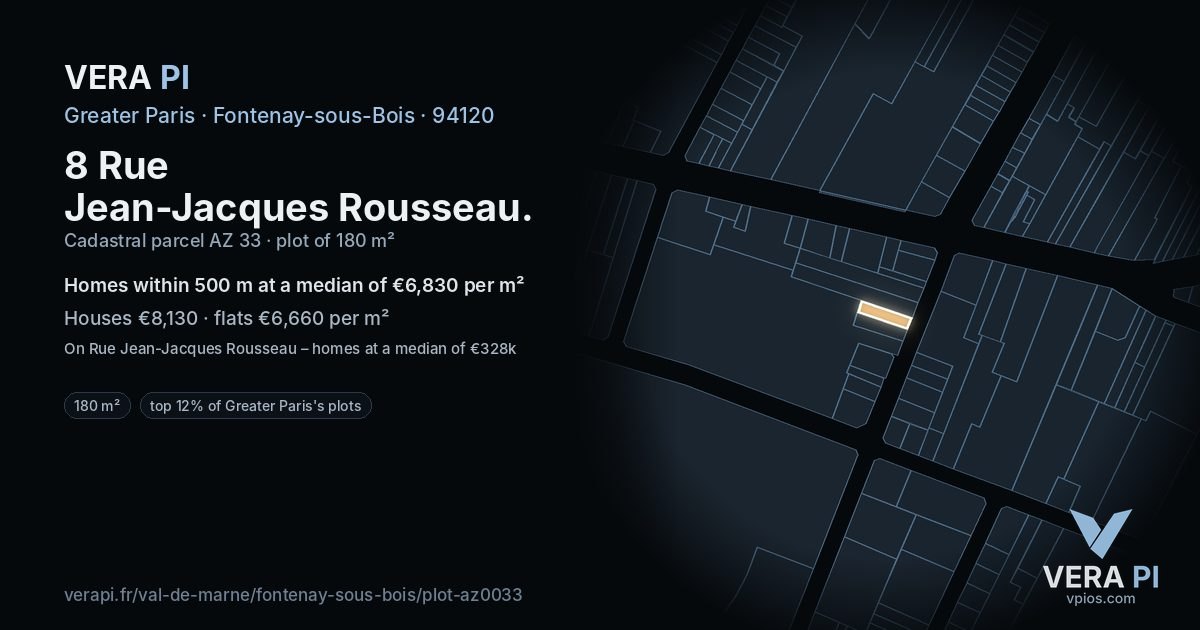 8 Rue Jean-Jacques Rousseau, Fontenay-sous-Bois at night – the plot lit, the parcels around coloured by the prices near them