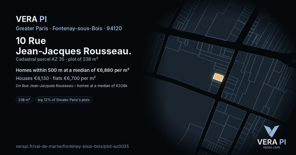 10 Rue Jean-Jacques Rousseau, Fontenay-sous-Bois at night – the plot lit, the parcels around coloured by the prices near them