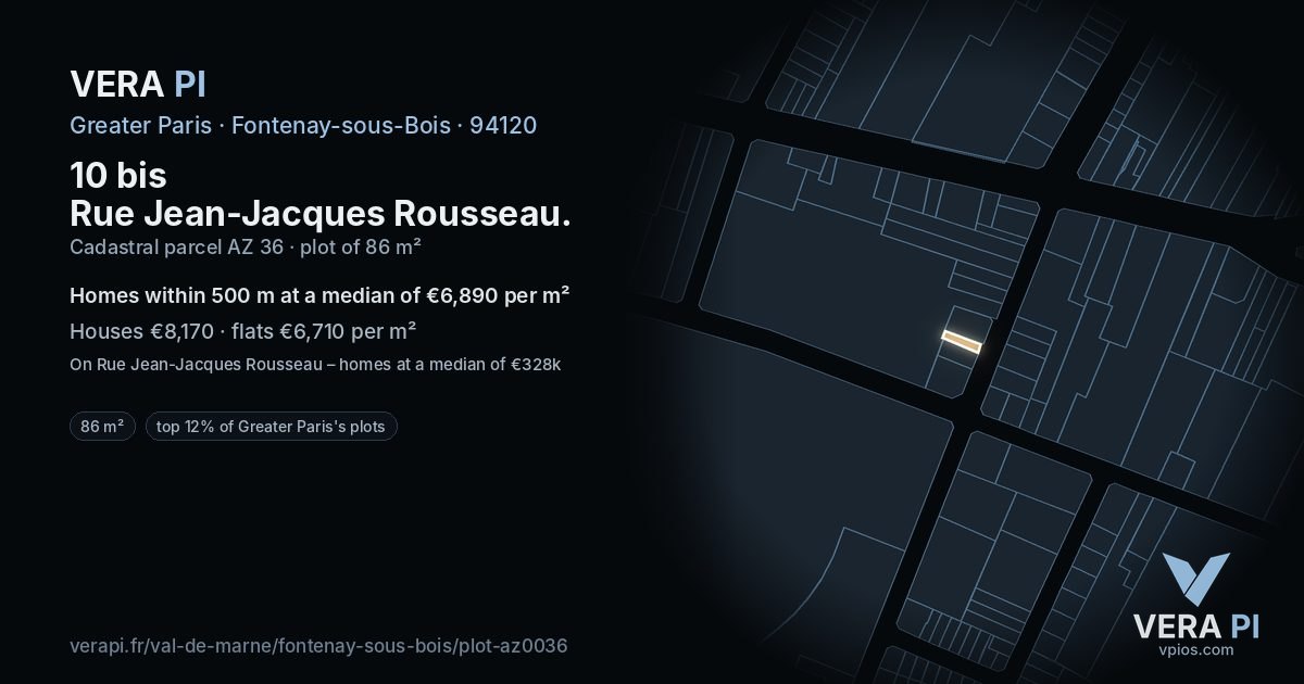 10 bis Rue Jean-Jacques Rousseau, Fontenay-sous-Bois at night – the plot lit, the parcels around coloured by the prices near them