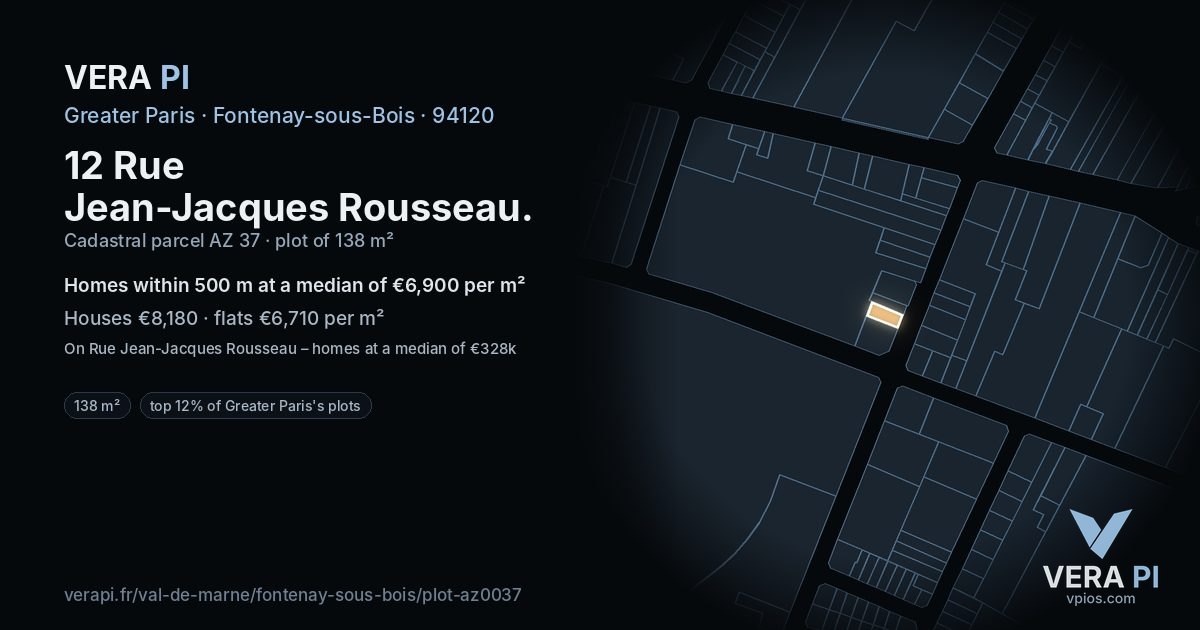 12 Rue Jean-Jacques Rousseau, Fontenay-sous-Bois at night – the plot lit, the parcels around coloured by the prices near them