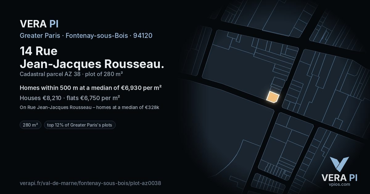 14 Rue Jean-Jacques Rousseau, Fontenay-sous-Bois at night – the plot lit, the parcels around coloured by the prices near them