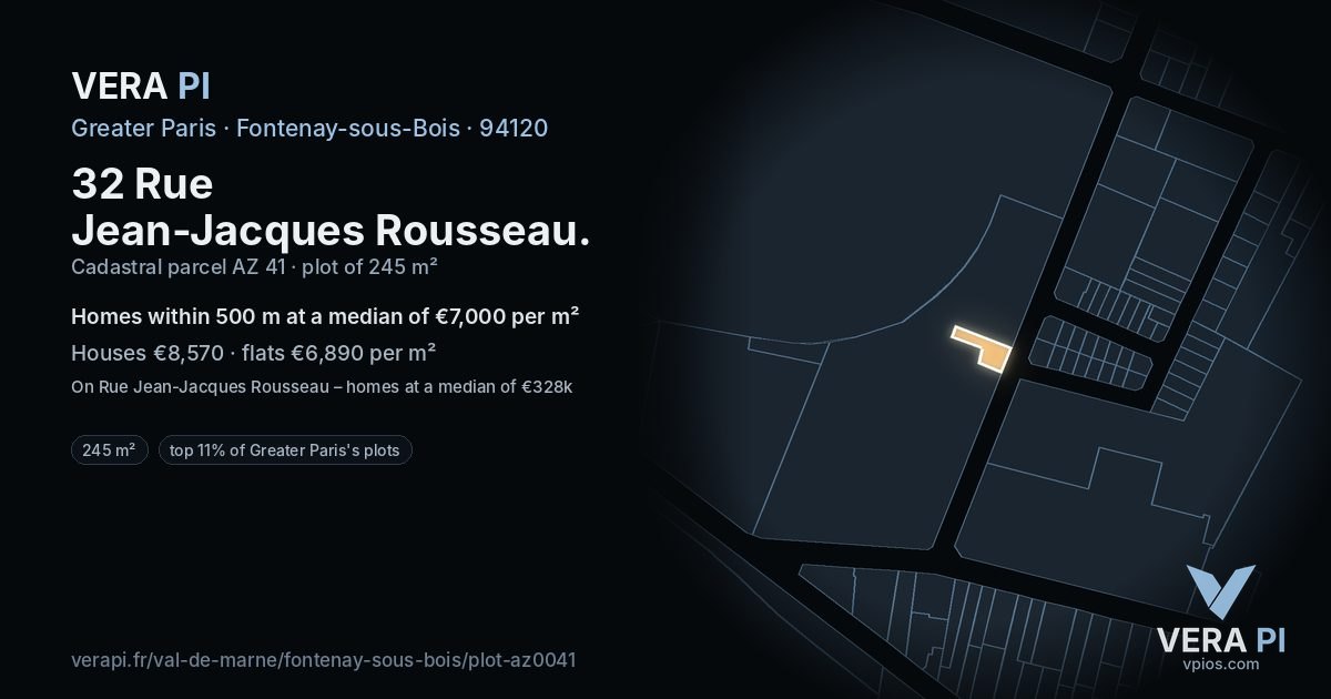 32 Rue Jean-Jacques Rousseau, Fontenay-sous-Bois at night – the plot lit, the parcels around coloured by the prices near them