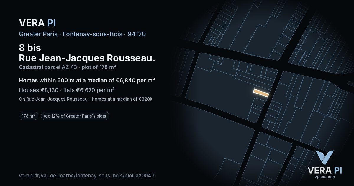 8 bis Rue Jean-Jacques Rousseau, Fontenay-sous-Bois at night – the plot lit, the parcels around coloured by the prices near them