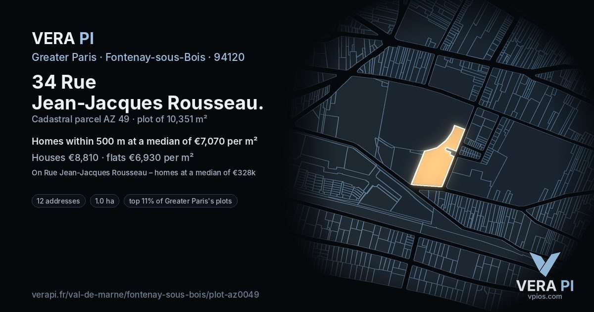 34 Rue Jean-Jacques Rousseau, Fontenay-sous-Bois at night – the plot lit, the parcels around coloured by the prices near them