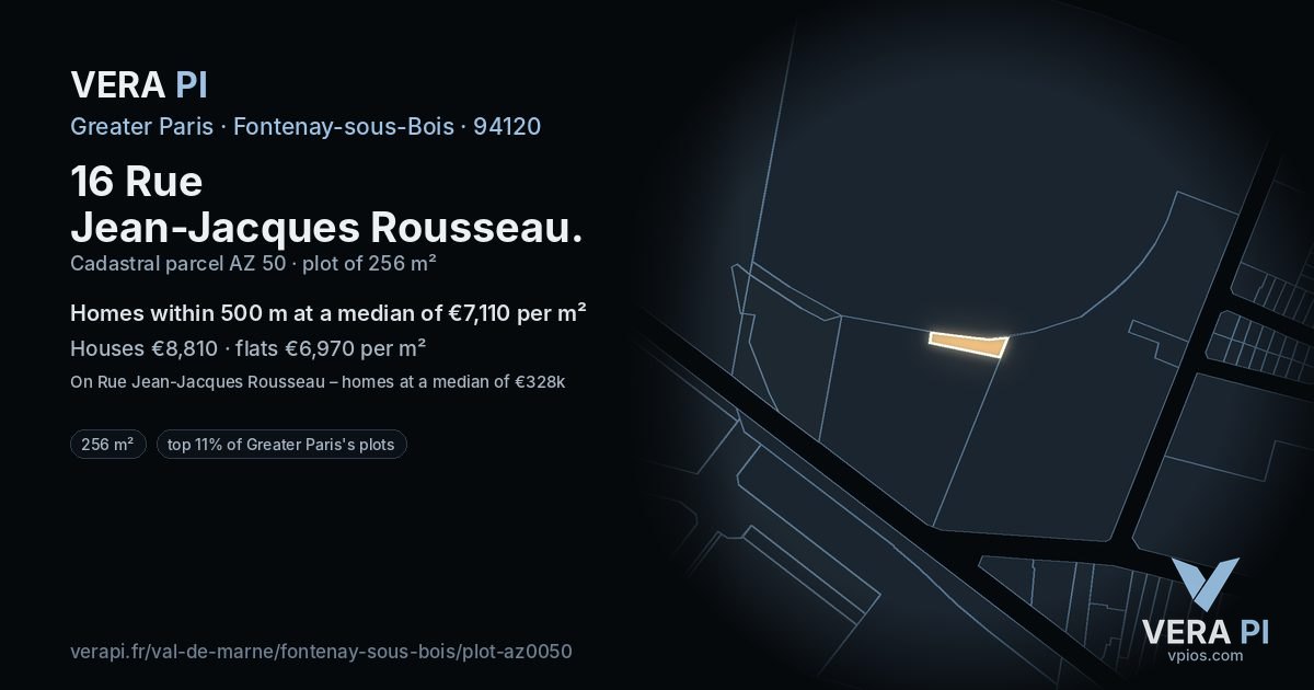 16 Rue Jean-Jacques Rousseau, Fontenay-sous-Bois at night – the plot lit, the parcels around coloured by the prices near them
