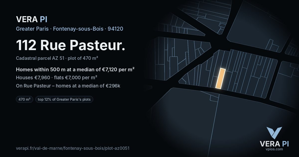 112 Rue Pasteur, Fontenay-sous-Bois at night – the plot lit, the parcels around coloured by the prices near them