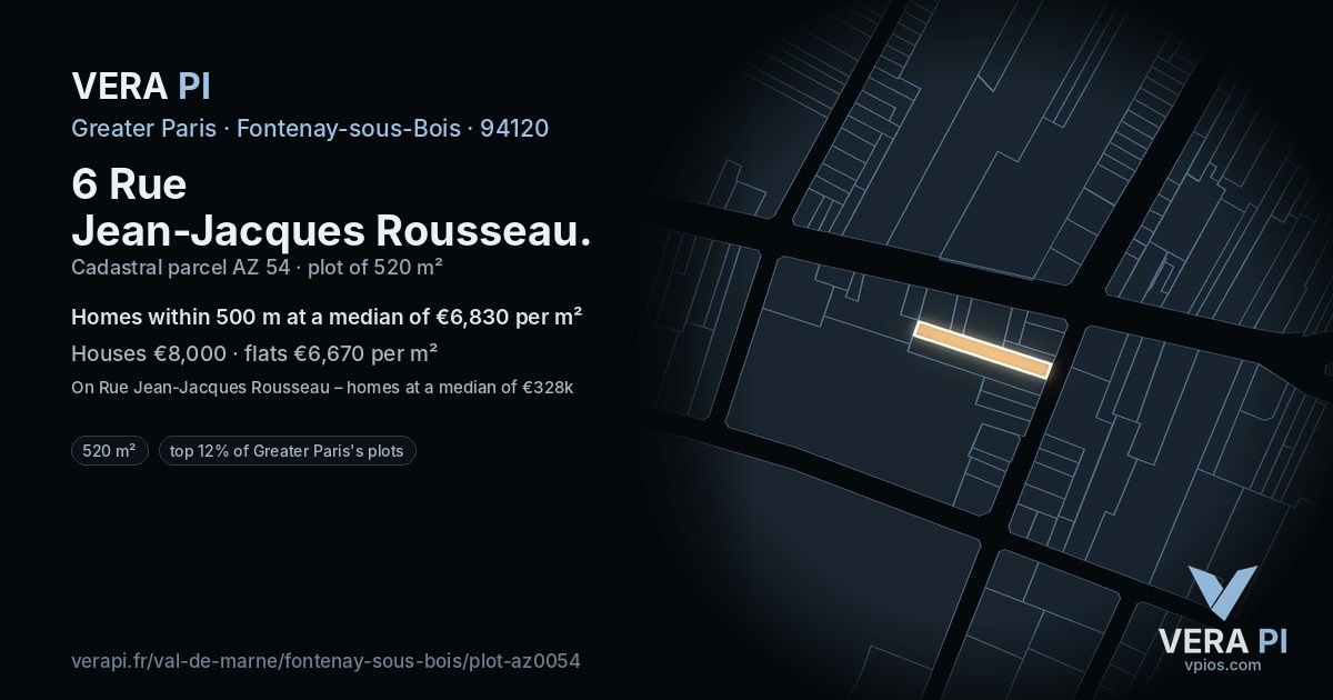 6 Rue Jean-Jacques Rousseau, Fontenay-sous-Bois at night – the plot lit, the parcels around coloured by the prices near them