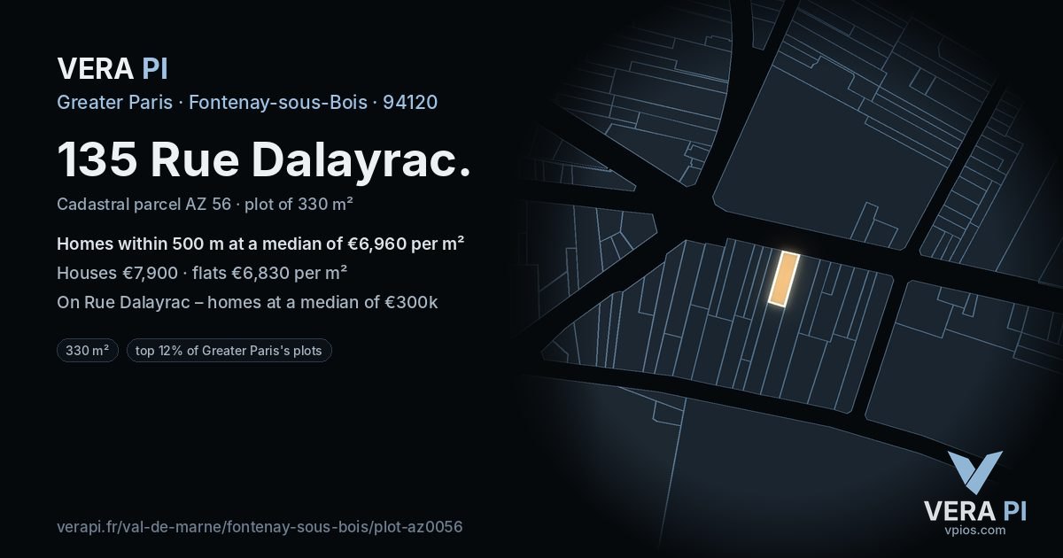 135 Rue Dalayrac, Fontenay-sous-Bois at night – the plot lit, the parcels around coloured by the prices near them