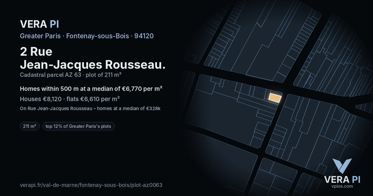 2 Rue Jean-Jacques Rousseau, Fontenay-sous-Bois at night – the plot lit, the parcels around coloured by the prices near them