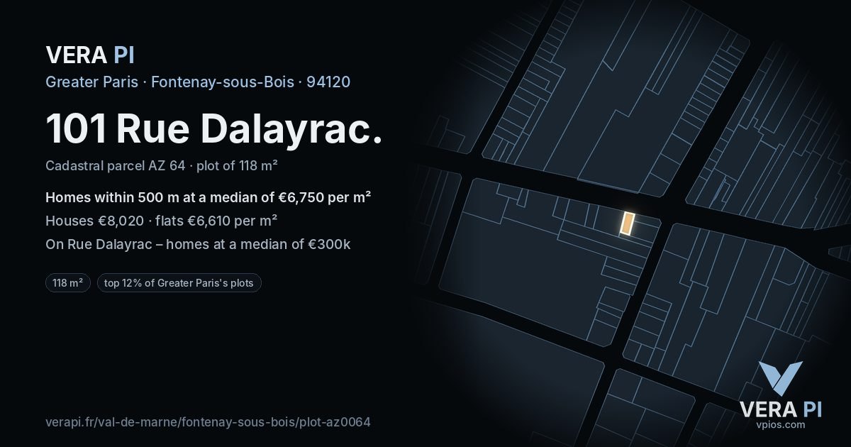 101 Rue Dalayrac, Fontenay-sous-Bois at night – the plot lit, the parcels around coloured by the prices near them