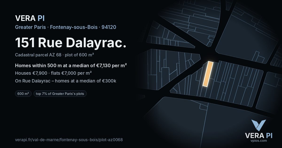 151 Rue Dalayrac, Fontenay-sous-Bois at night – the plot lit, the parcels around coloured by the prices near them