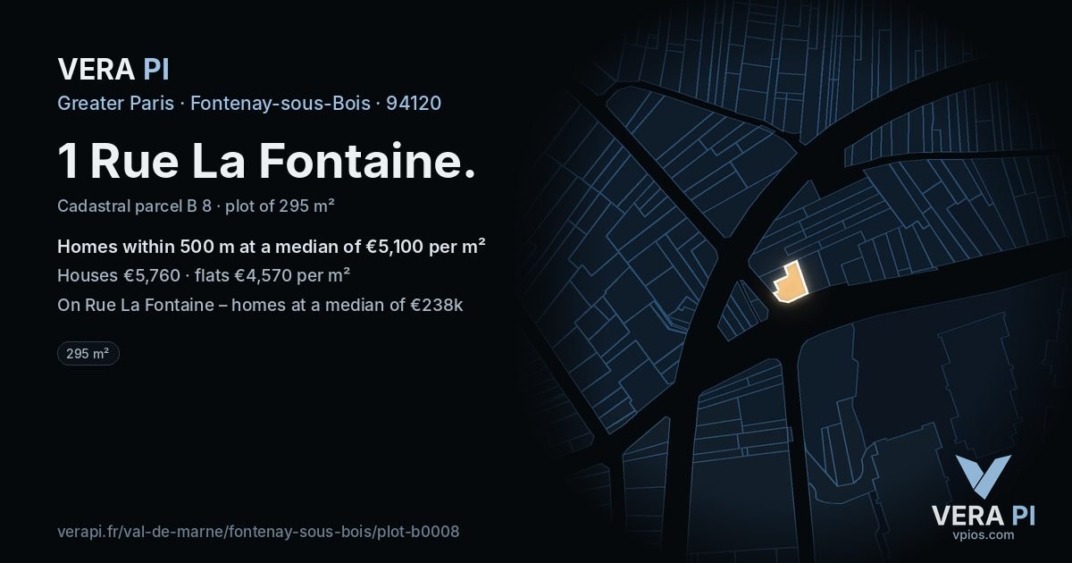 1 Rue La Fontaine, Fontenay-sous-Bois at night – the plot lit, the parcels around coloured by the prices near them
