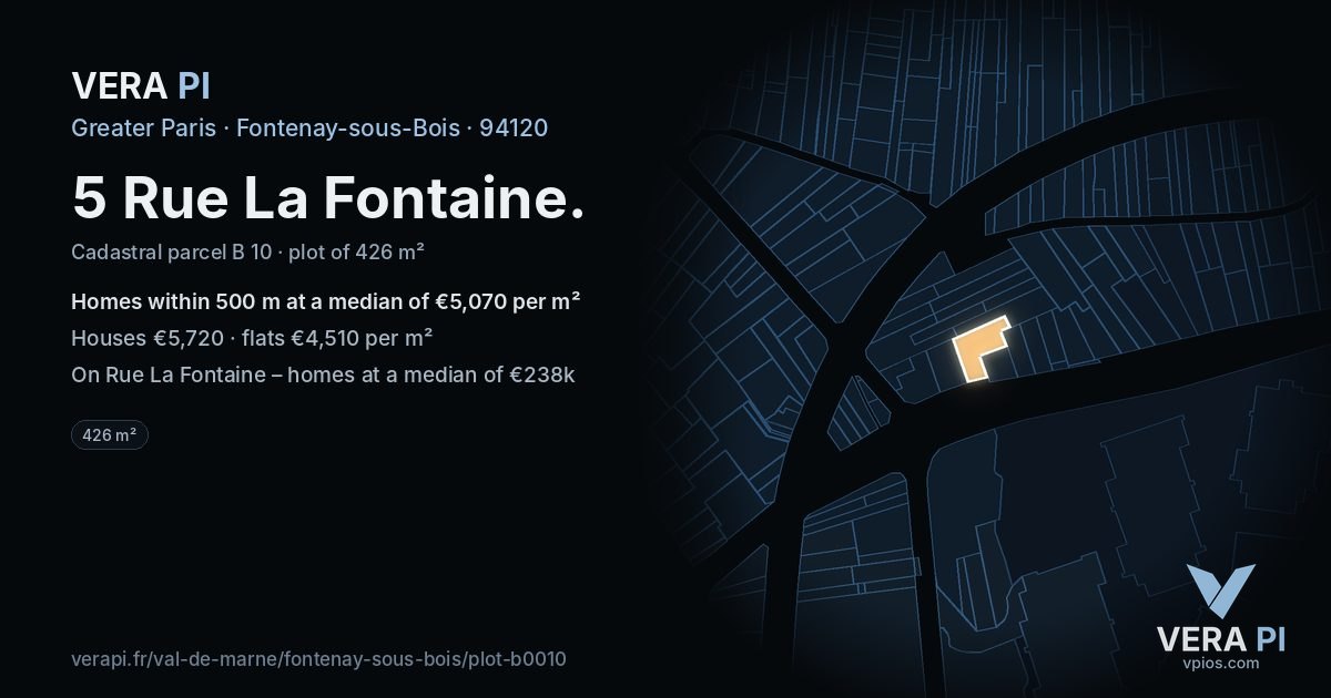 5 Rue La Fontaine, Fontenay-sous-Bois at night – the plot lit, the parcels around coloured by the prices near them