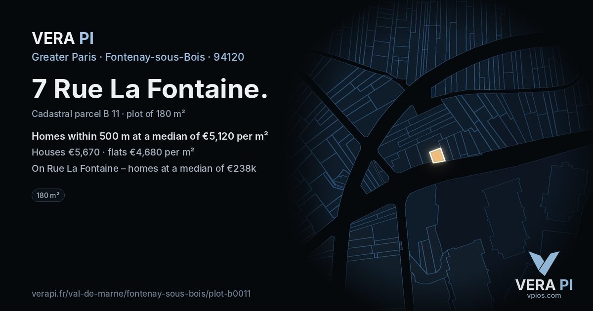 7 Rue La Fontaine, Fontenay-sous-Bois at night – the plot lit, the parcels around coloured by the prices near them