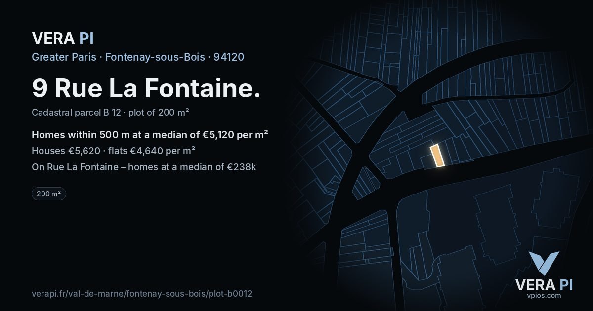 9 Rue La Fontaine, Fontenay-sous-Bois at night – the plot lit, the parcels around coloured by the prices near them