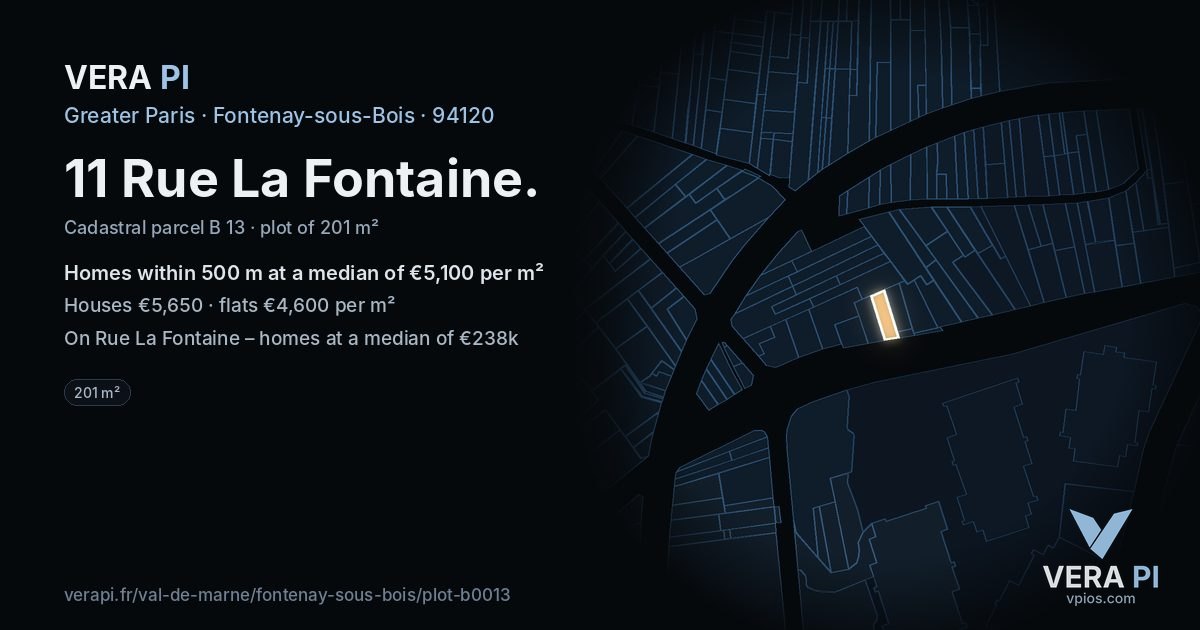 11 Rue La Fontaine, Fontenay-sous-Bois at night – the plot lit, the parcels around coloured by the prices near them