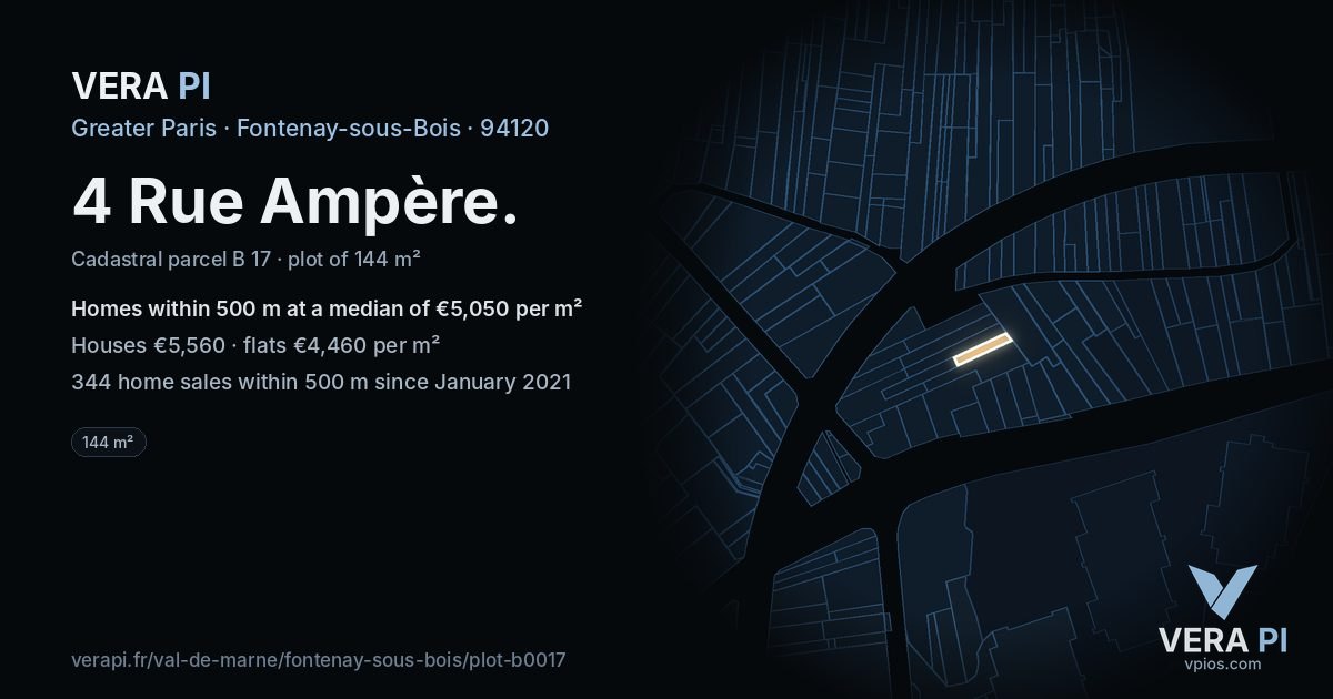 4 Rue Ampère, Fontenay-sous-Bois at night – the plot lit, the parcels around coloured by the prices near them