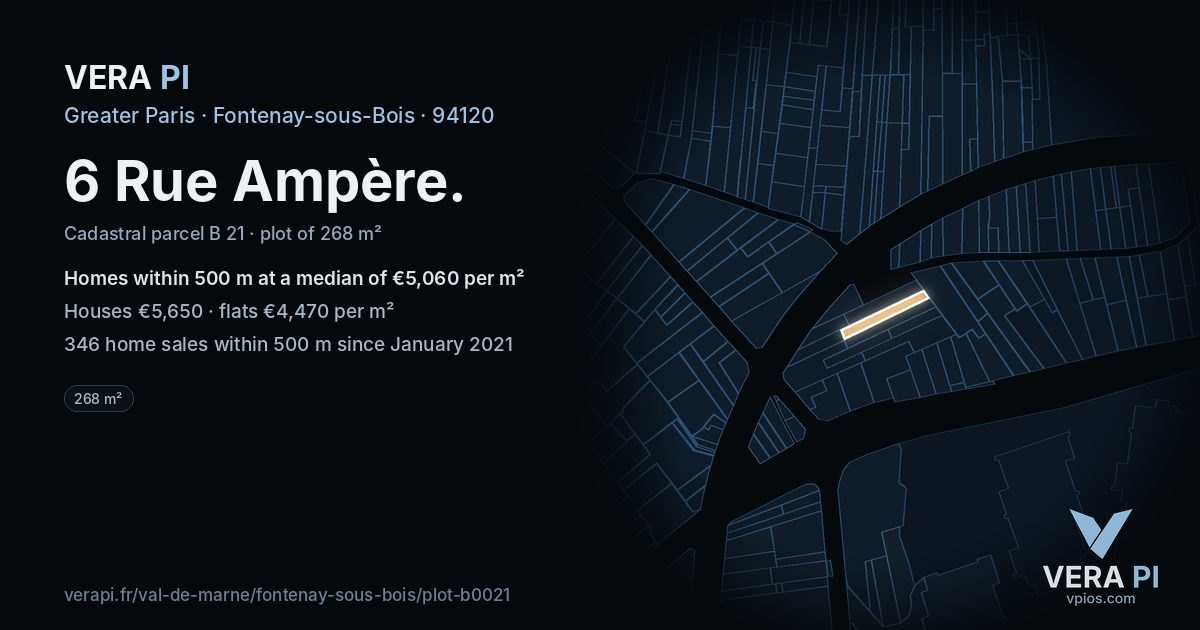 6 Rue Ampère, Fontenay-sous-Bois at night – the plot lit, the parcels around coloured by the prices near them