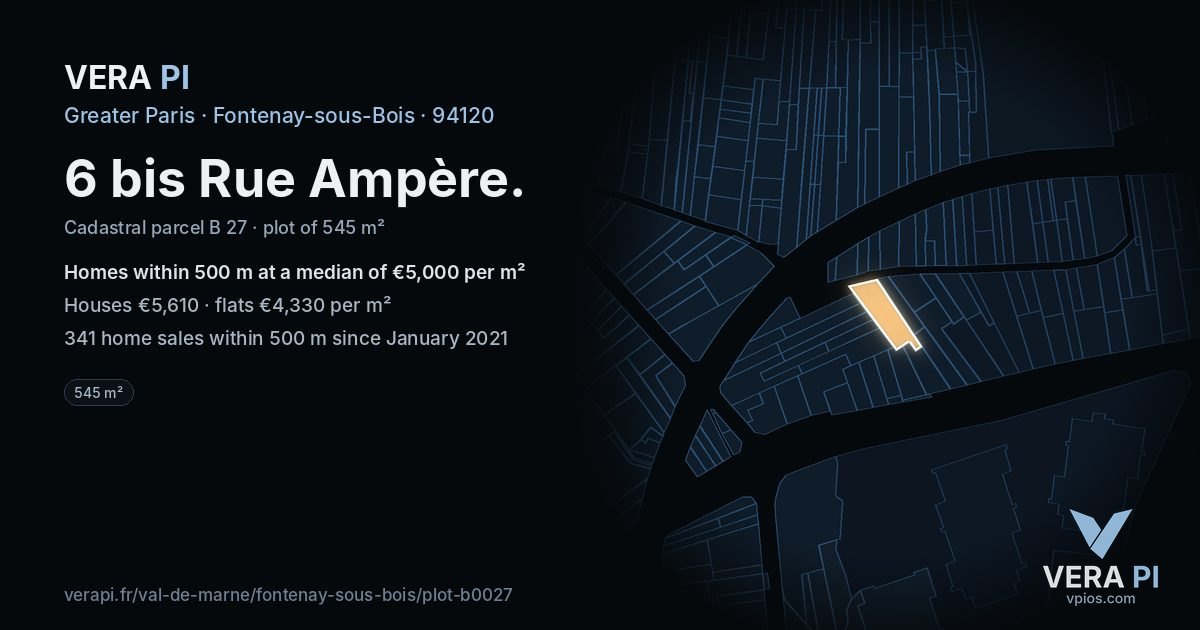 6 bis Rue Ampère, Fontenay-sous-Bois at night – the plot lit, the parcels around coloured by the prices near them
