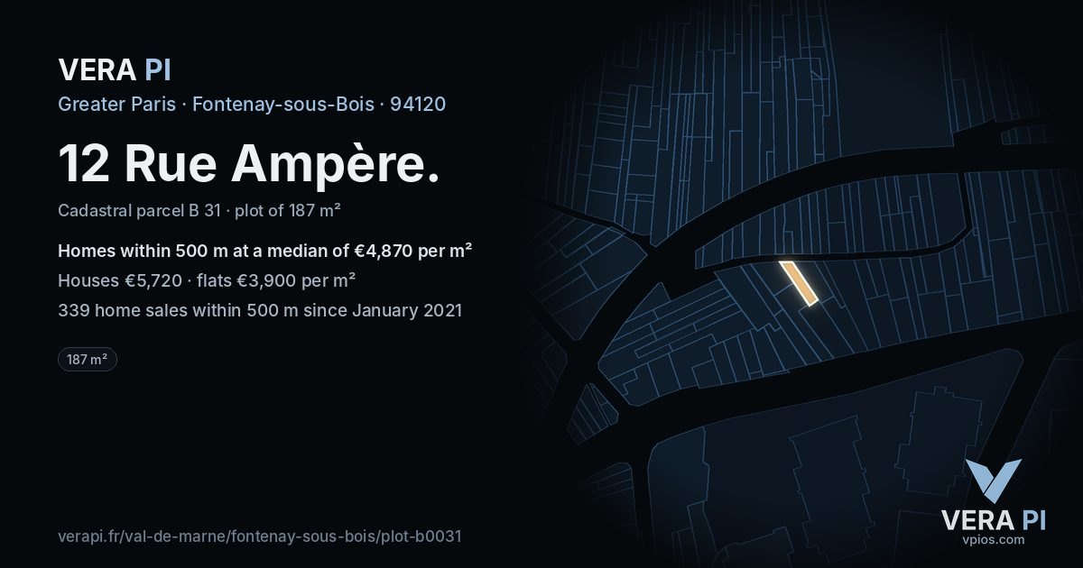 12 Rue Ampère, Fontenay-sous-Bois at night – the plot lit, the parcels around coloured by the prices near them