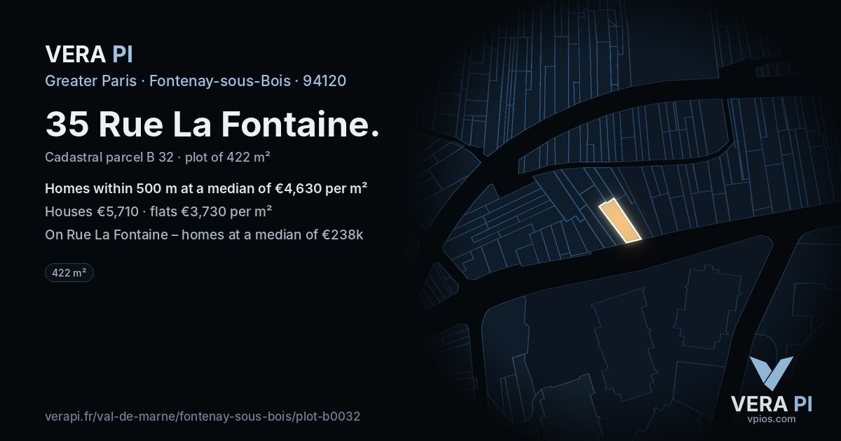 35 Rue La Fontaine, Fontenay-sous-Bois at night – the plot lit, the parcels around coloured by the prices near them