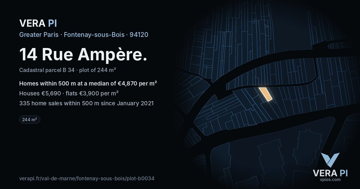 14 Rue Ampère, Fontenay-sous-Bois at night – the plot lit, the parcels around coloured by the prices near them