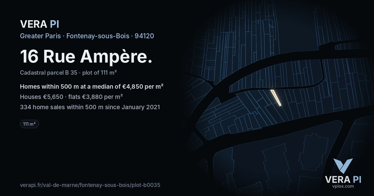 16 Rue Ampère, Fontenay-sous-Bois at night – the plot lit, the parcels around coloured by the prices near them