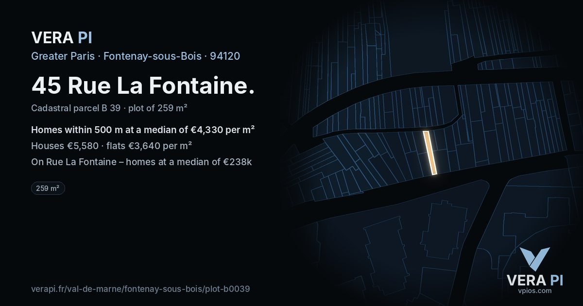 45 Rue La Fontaine, Fontenay-sous-Bois at night – the plot lit, the parcels around coloured by the prices near them