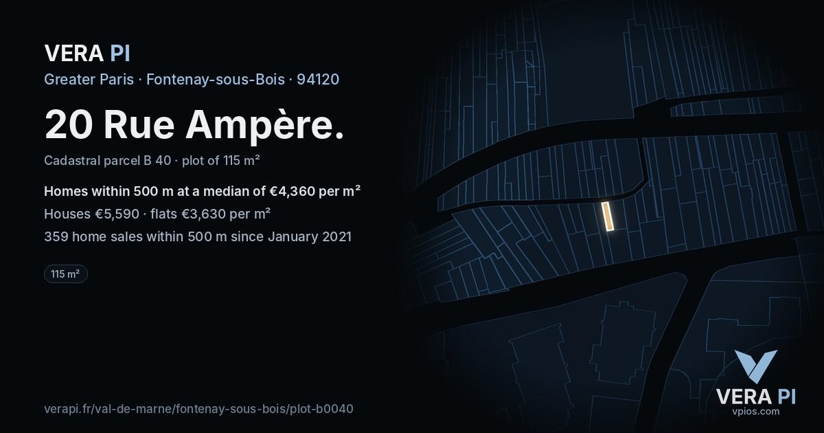 20 Rue Ampère, Fontenay-sous-Bois at night – the plot lit, the parcels around coloured by the prices near them