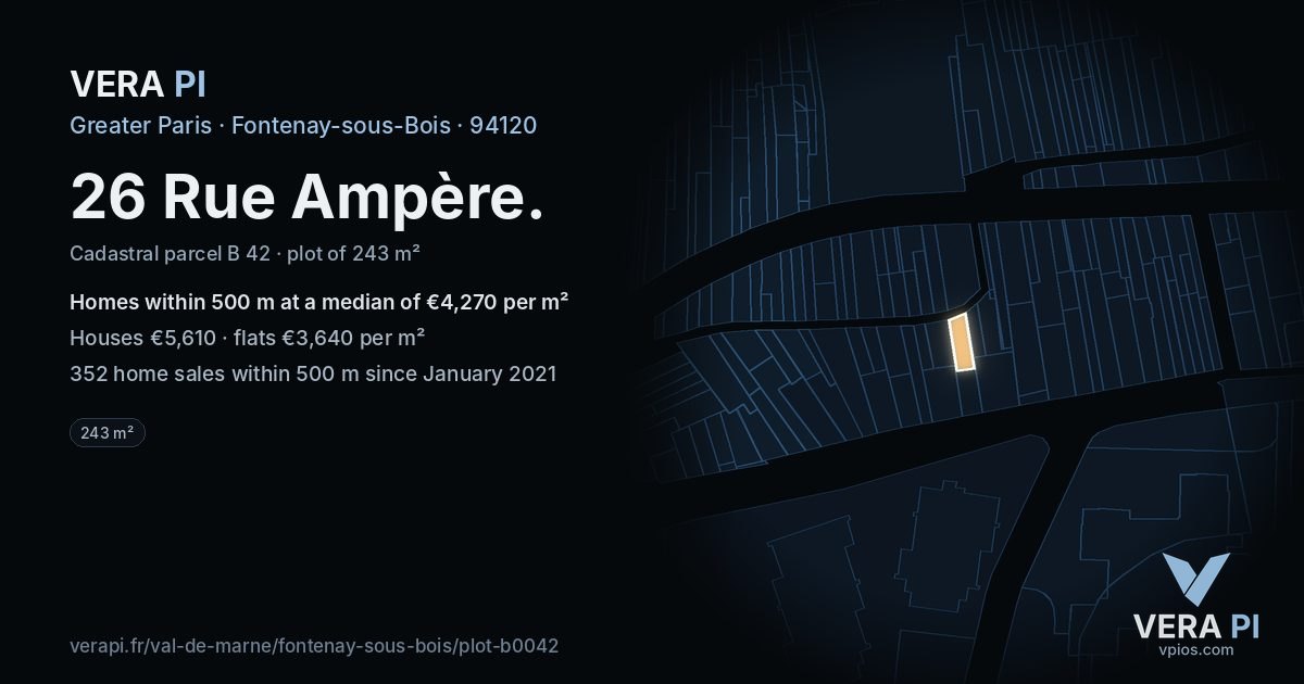26 Rue Ampère, Fontenay-sous-Bois at night – the plot lit, the parcels around coloured by the prices near them