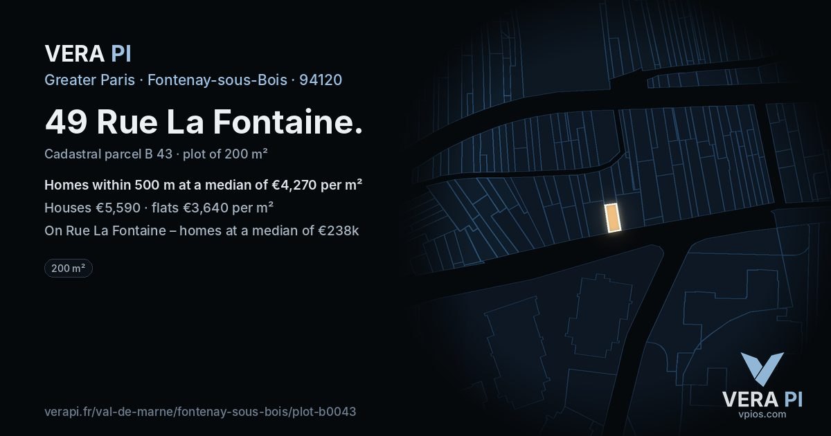 49 Rue La Fontaine, Fontenay-sous-Bois at night – the plot lit, the parcels around coloured by the prices near them