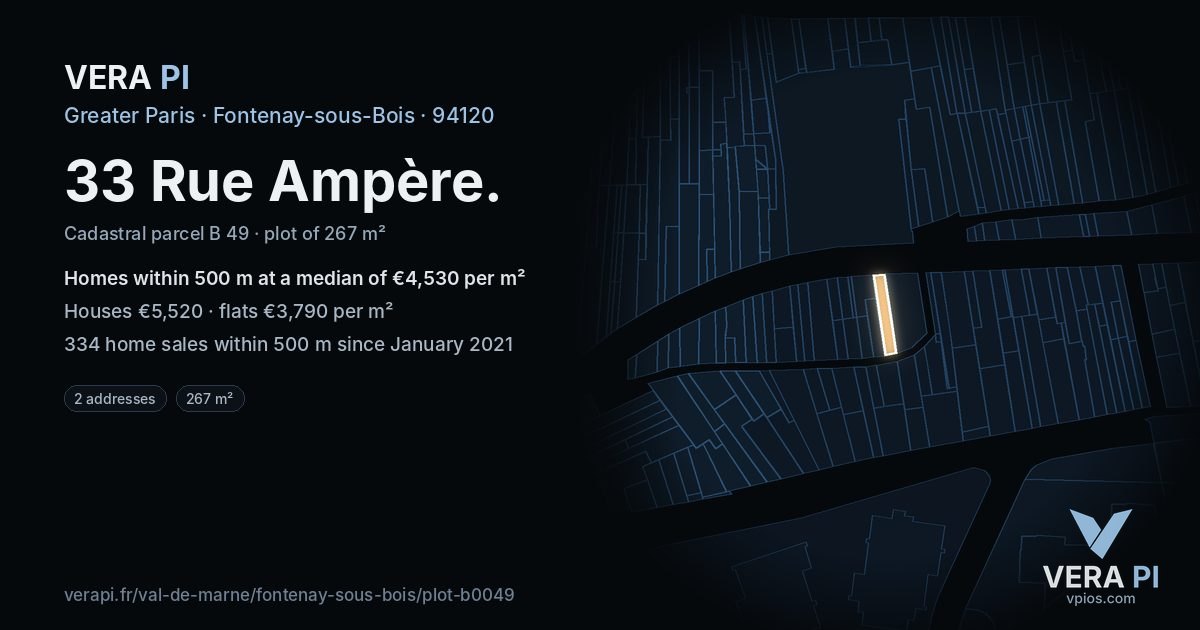 33 Rue Ampère, Fontenay-sous-Bois at night – the plot lit, the parcels around coloured by the prices near them