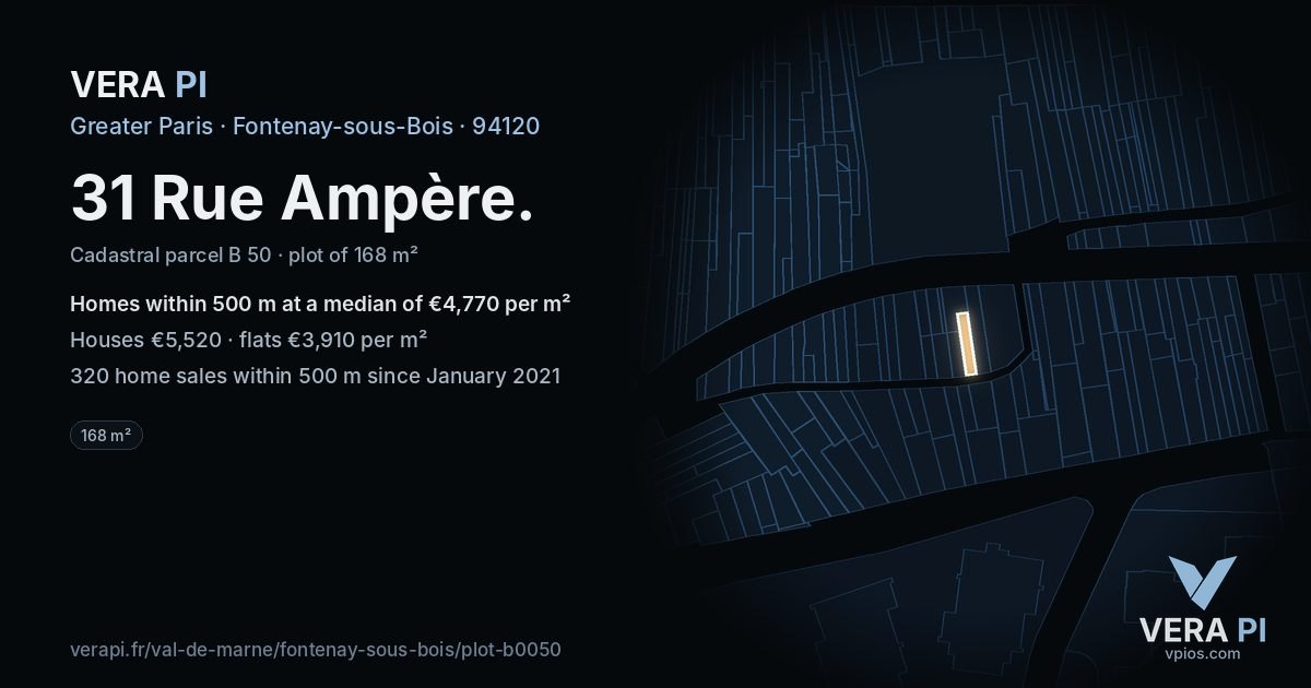 31 Rue Ampère, Fontenay-sous-Bois at night – the plot lit, the parcels around coloured by the prices near them