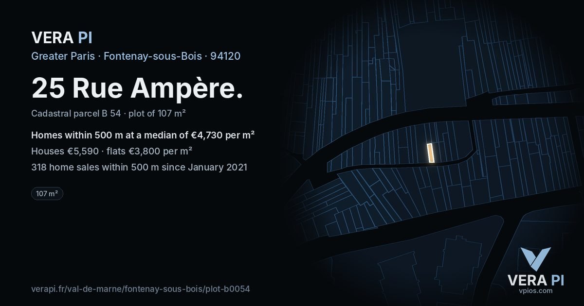 25 Rue Ampère, Fontenay-sous-Bois at night – the plot lit, the parcels around coloured by the prices near them