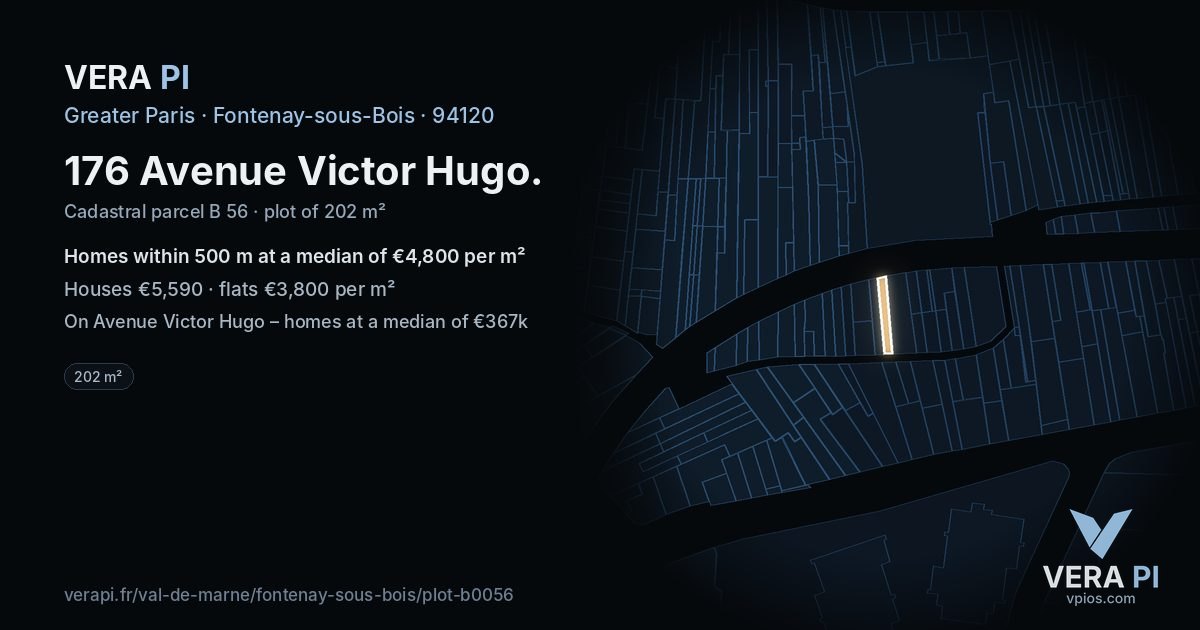 176 Avenue Victor Hugo, Fontenay-sous-Bois at night – the plot lit, the parcels around coloured by the prices near them