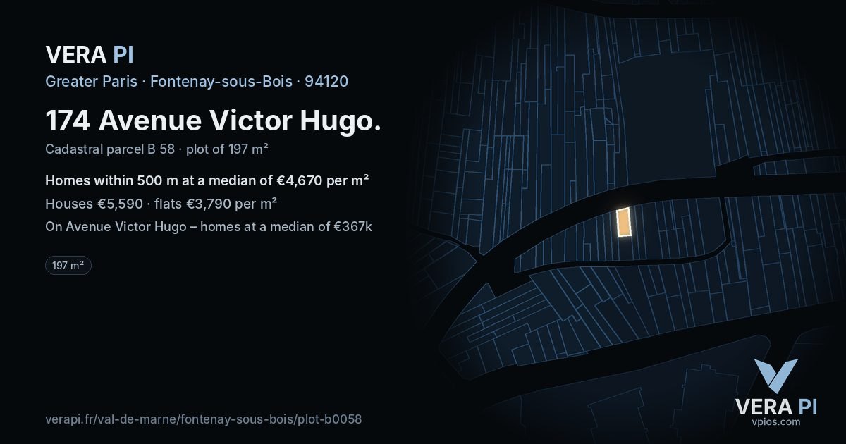 174 Avenue Victor Hugo, Fontenay-sous-Bois at night – the plot lit, the parcels around coloured by the prices near them