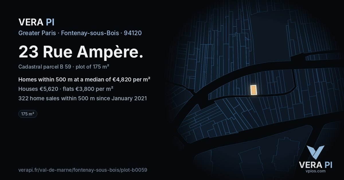 23 Rue Ampère, Fontenay-sous-Bois at night – the plot lit, the parcels around coloured by the prices near them