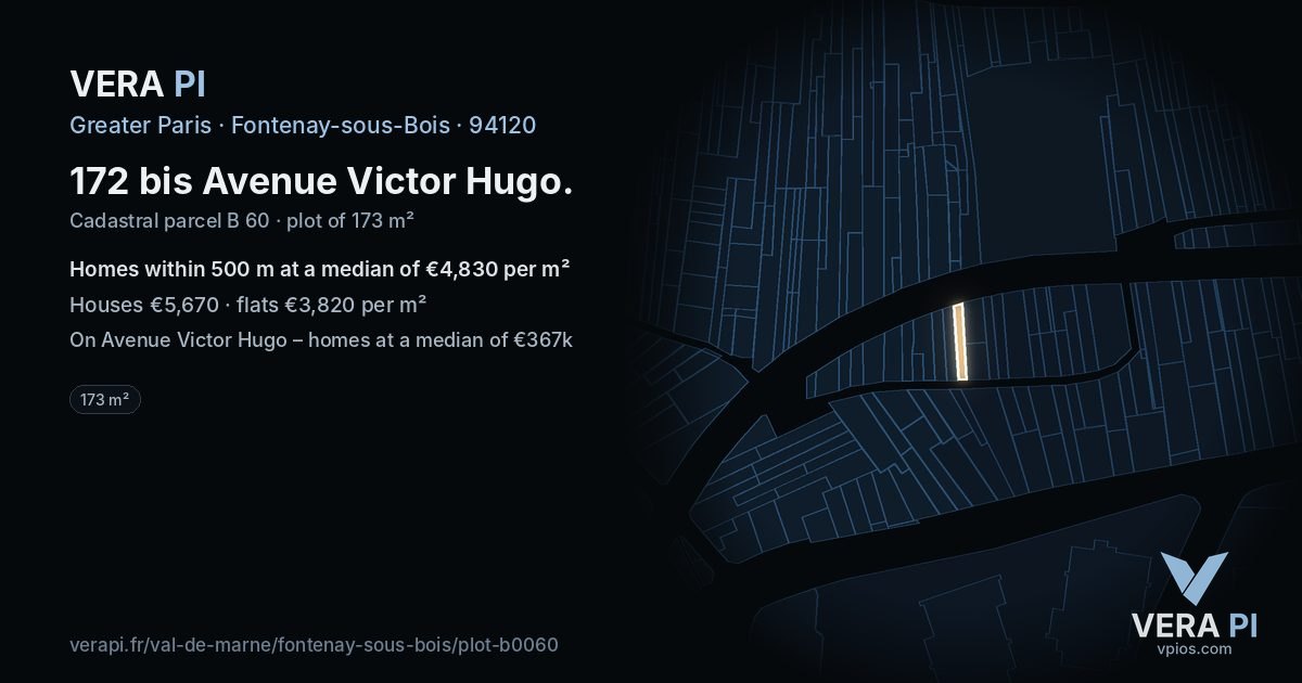 172 bis Avenue Victor Hugo, Fontenay-sous-Bois at night – the plot lit, the parcels around coloured by the prices near them