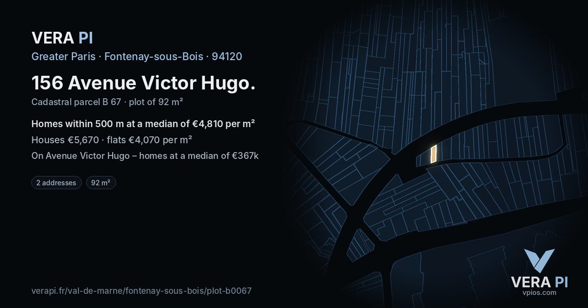 156 Avenue Victor Hugo, Fontenay-sous-Bois at night – the plot lit, the parcels around coloured by the prices near them