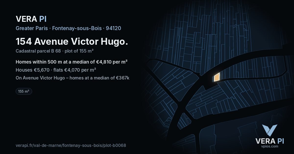 154 Avenue Victor Hugo, Fontenay-sous-Bois at night – the plot lit, the parcels around coloured by the prices near them