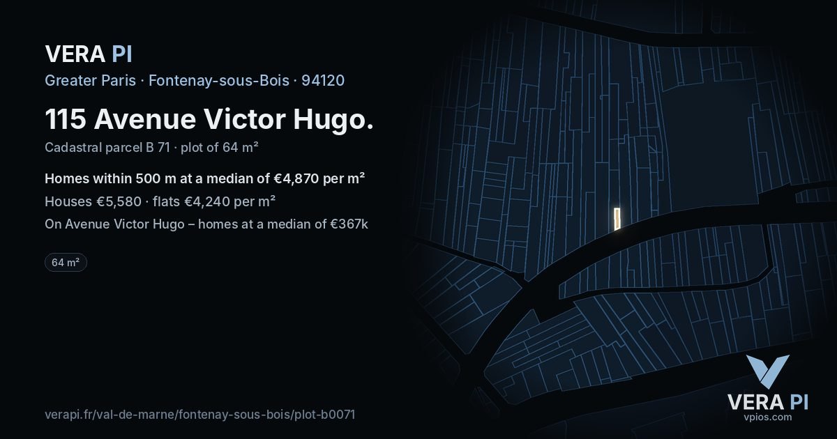 115 Avenue Victor Hugo, Fontenay-sous-Bois at night – the plot lit, the parcels around coloured by the prices near them