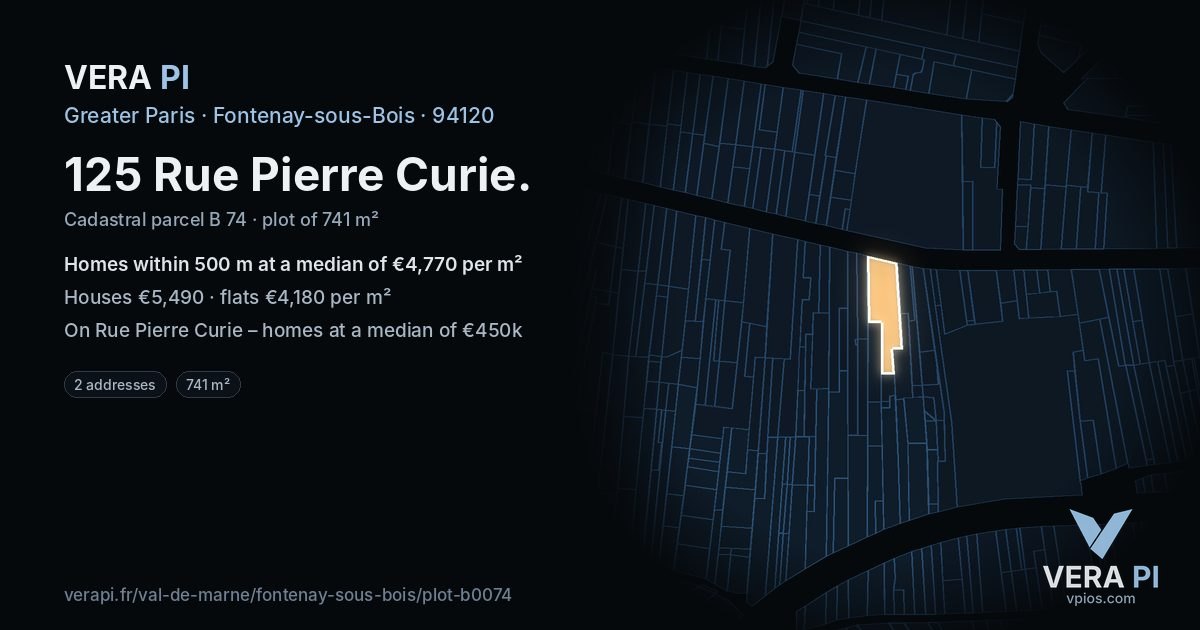 125 Rue Pierre Curie, Fontenay-sous-Bois at night – the plot lit, the parcels around coloured by the prices near them