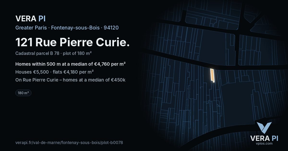 121 Rue Pierre Curie, Fontenay-sous-Bois at night – the plot lit, the parcels around coloured by the prices near them