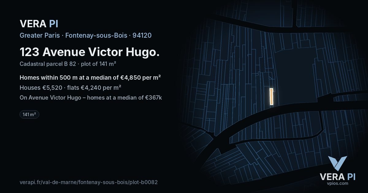 123 Avenue Victor Hugo, Fontenay-sous-Bois at night – the plot lit, the parcels around coloured by the prices near them