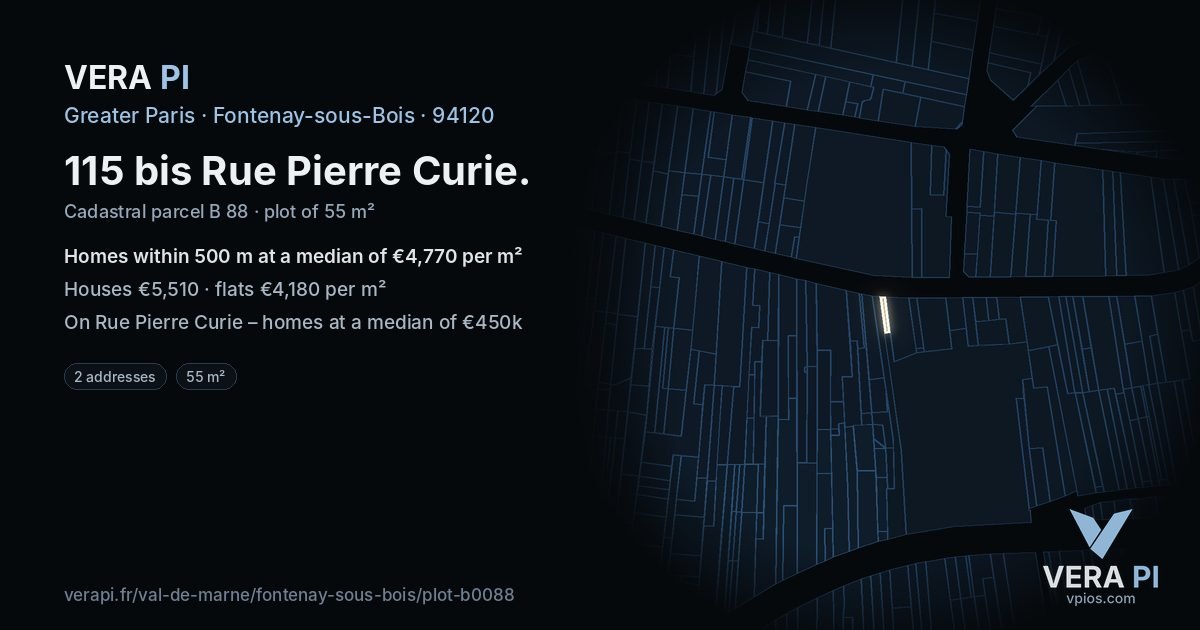 115 bis Rue Pierre Curie, Fontenay-sous-Bois at night – the plot lit, the parcels around coloured by the prices near them