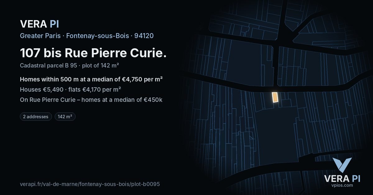 107 bis Rue Pierre Curie, Fontenay-sous-Bois at night – the plot lit, the parcels around coloured by the prices near them