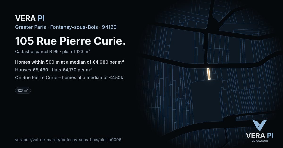 105 Rue Pierre Curie, Fontenay-sous-Bois at night – the plot lit, the parcels around coloured by the prices near them